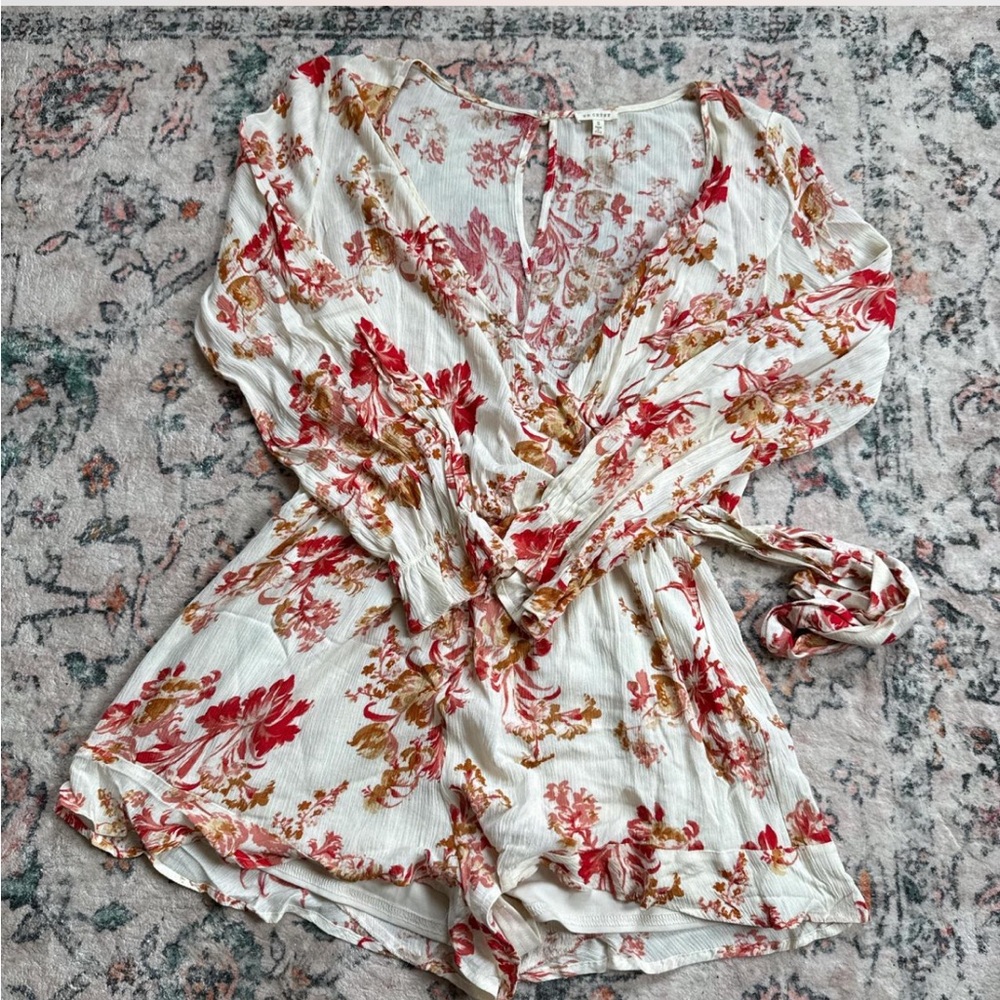 Floral Wrap Romper - Red and Cream